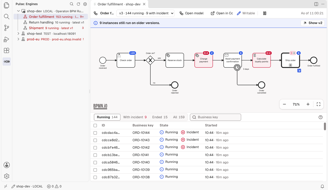 Pulse in VS Code: the Engines view and the deployed order process with incident badges on Charge payment and its instances